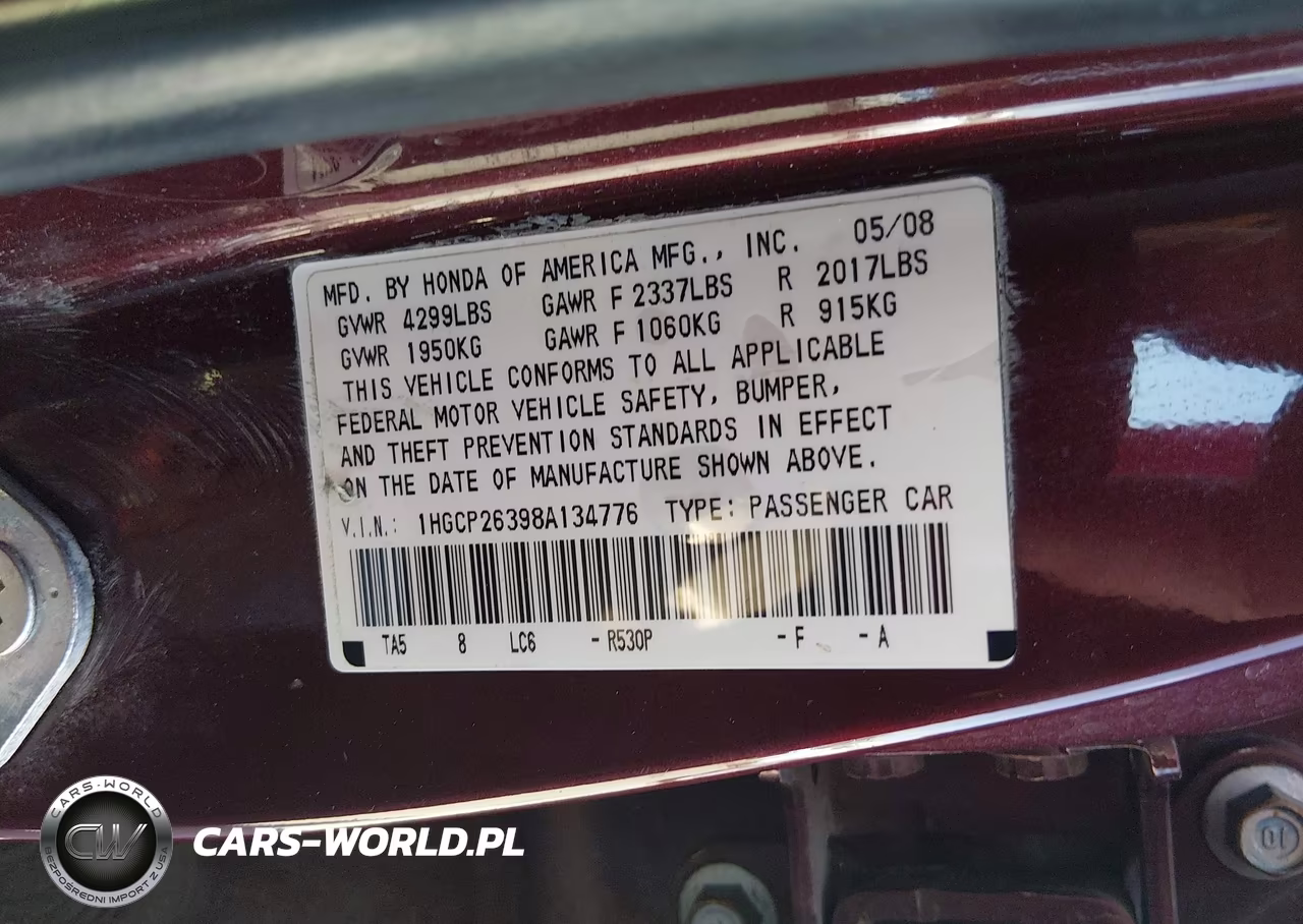 2008 Honda Accord 2.4 Lx VIN:1HGCP26398A134776 - 9
