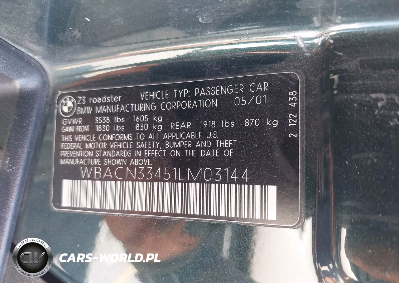 2001 BMW Z3 2.5I VIN:WBACN33451LM03144 - 9