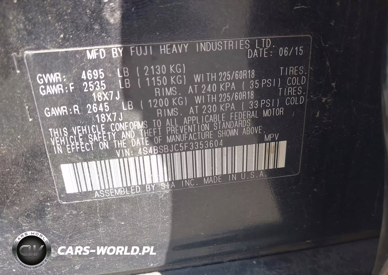 2015 Subaru Outback 2.5I Limited VIN:4S4BSBJC5F3353604 - 9