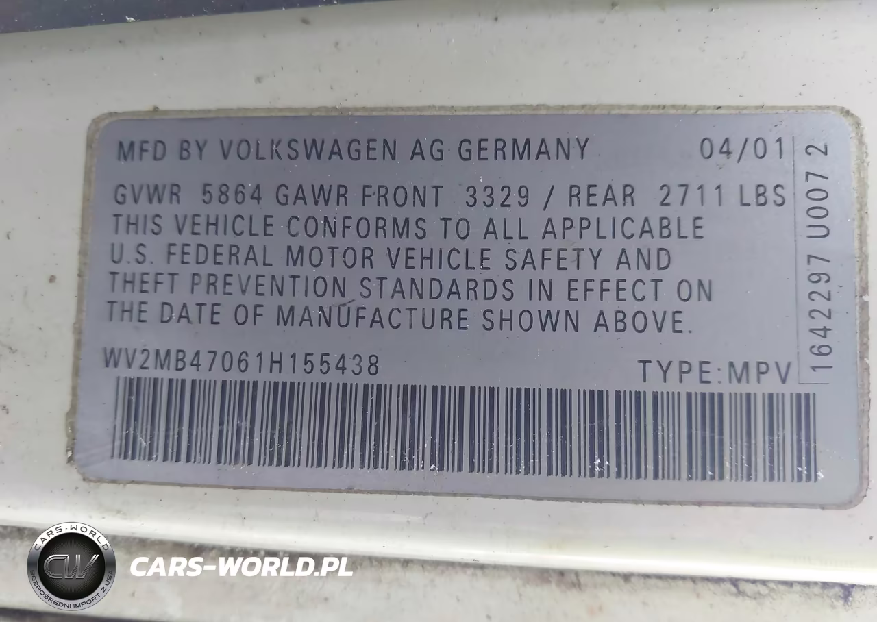 2001 Volkswagen Eurovan Mv VIN:WV2MB47061H155438 - 9