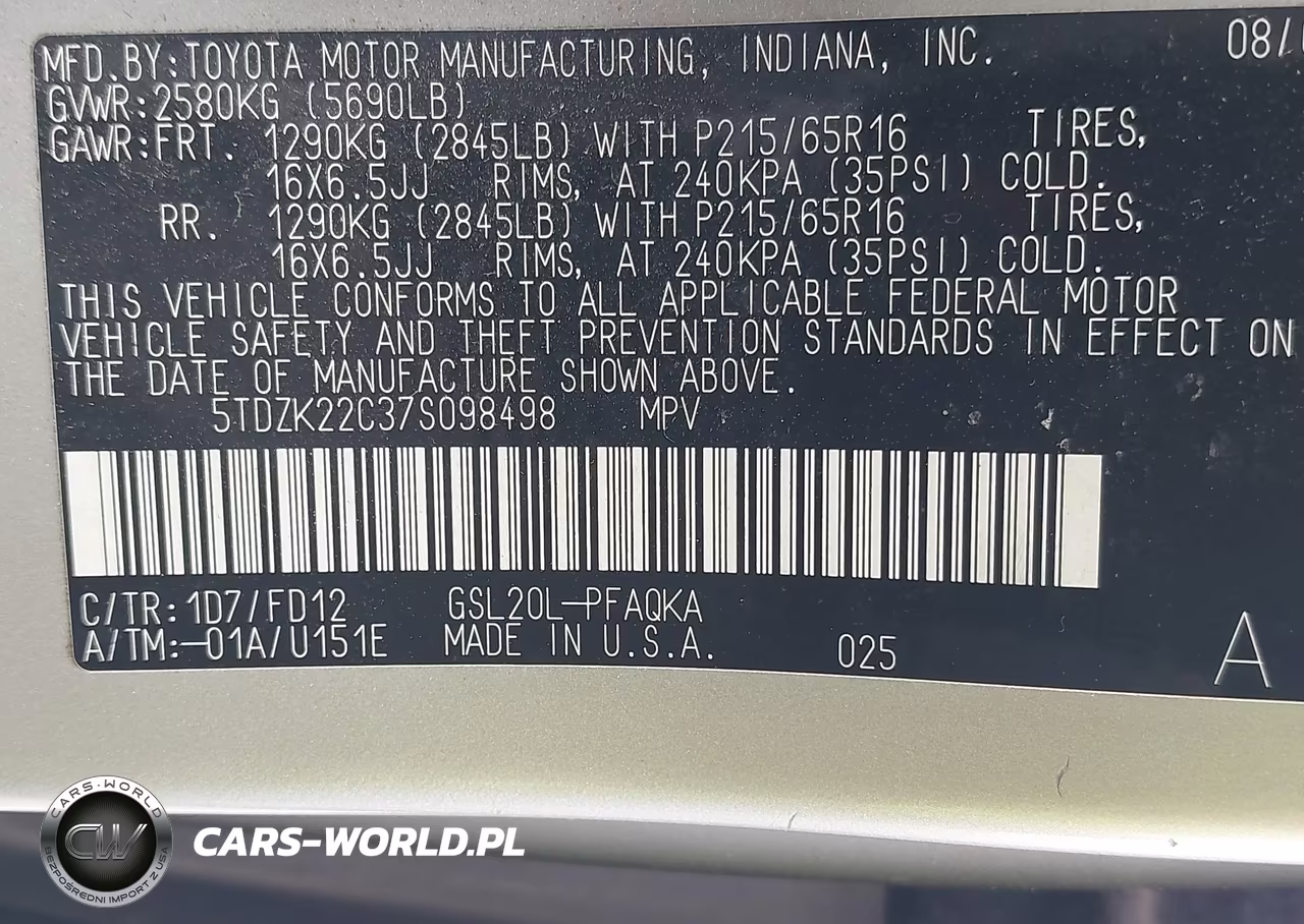 2007 Toyota Sienna Xle VIN:5TDZK22C37S098498 - 9