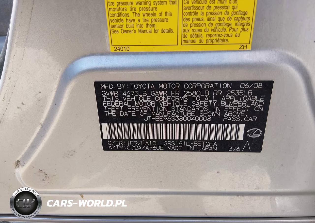 2008 Lexus Gs 350 VIN:JTHBE96S380040008 - 9