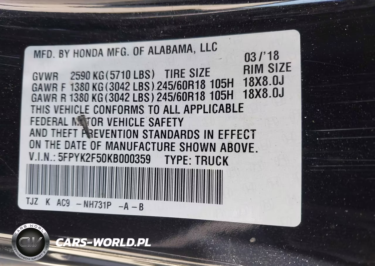 2019 Honda Ridgeline Rtl VIN:5FPYK2F50KB000359 - 9