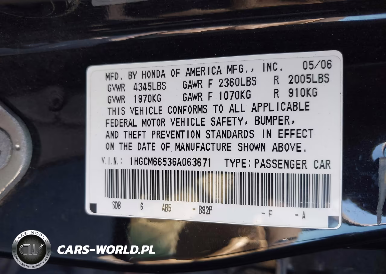 2006 Honda Accord 3.0 Ex VIN:1HGCM66536A063671 - 9