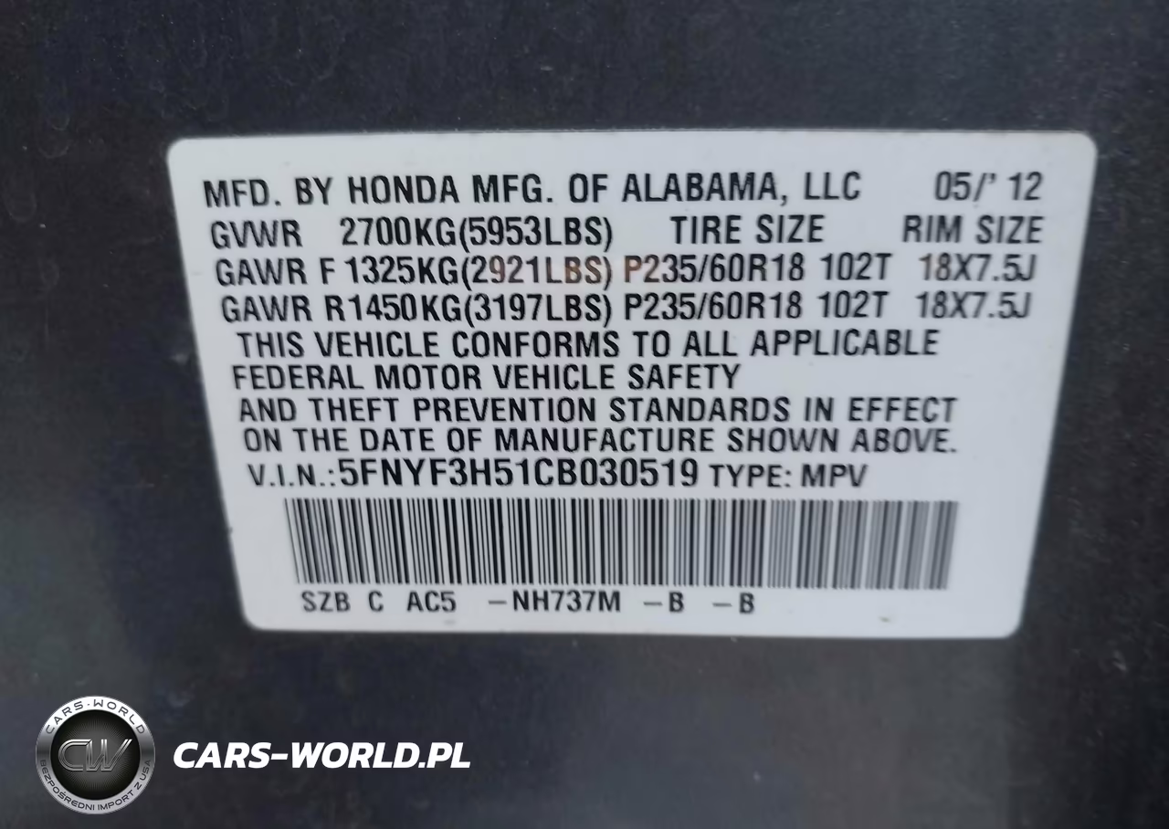 2012 Honda Pilot Ex-L VIN:5FNYF3H51CB030519 - 9