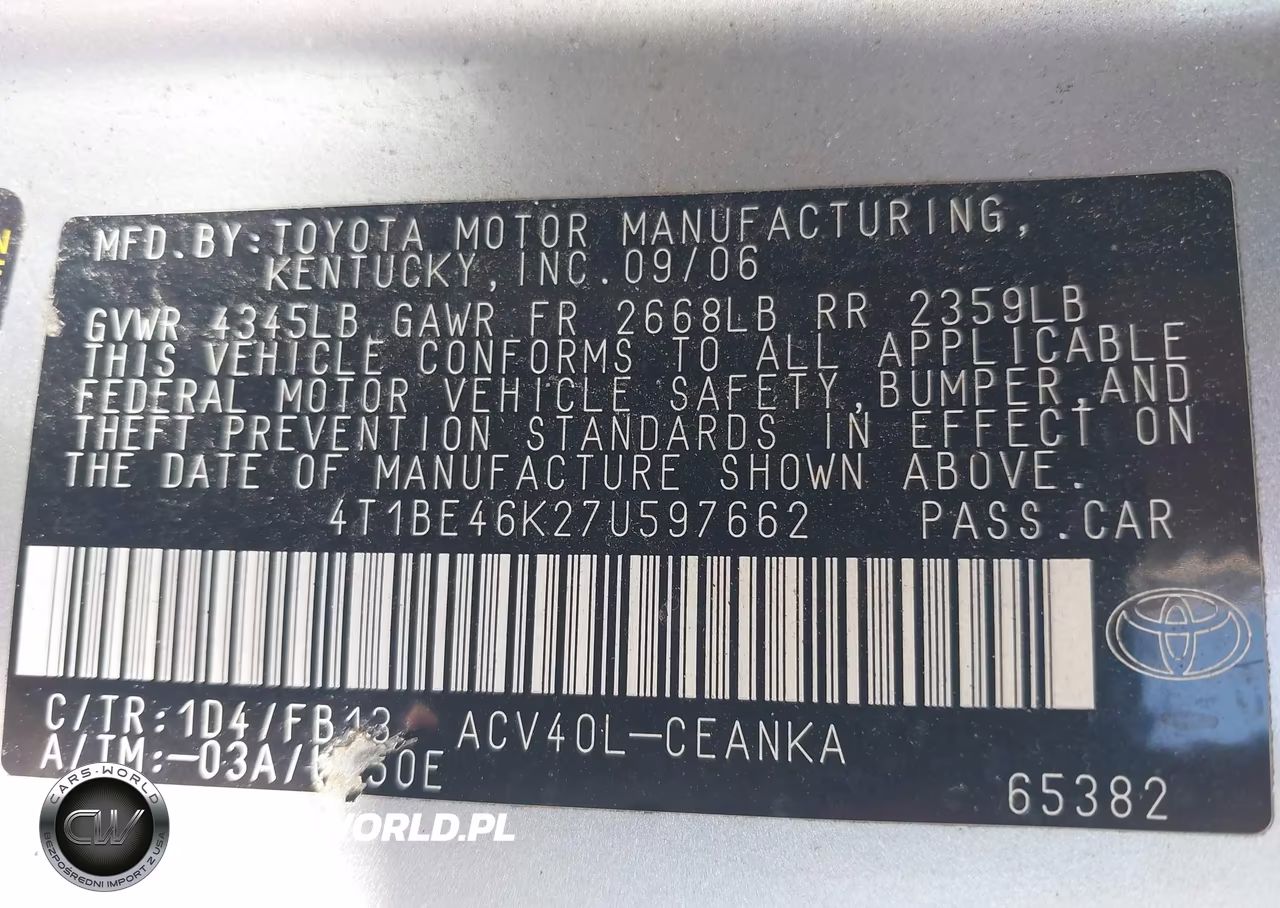 2007 Toyota Camry Le VIN:4T1BE46K27U597662 - 9