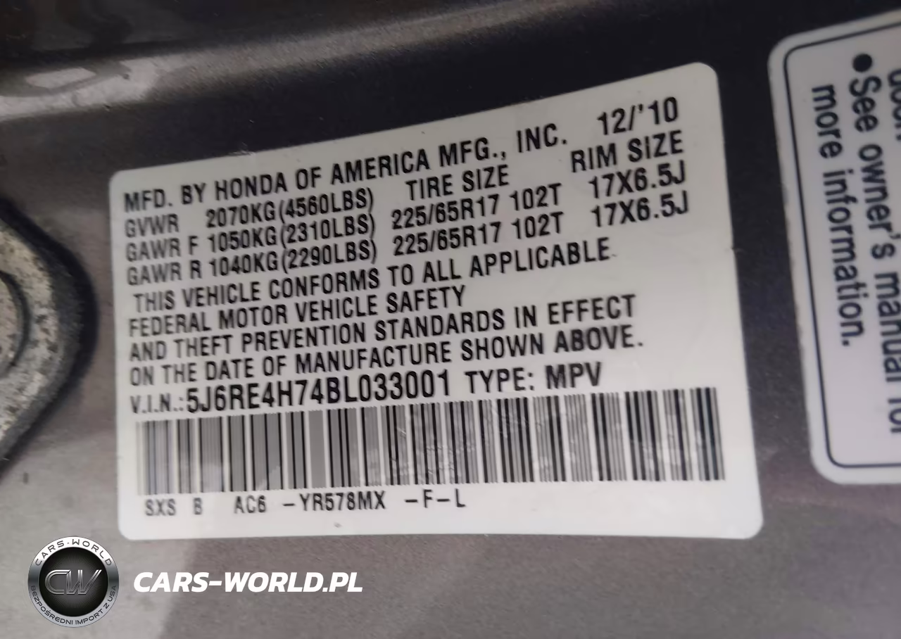 2011 Honda Cr-V Ex-L VIN:5J6RE4H74BL033001 - 9