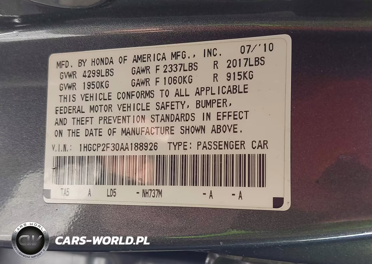 2010 Honda Accord 2.4 Lx VIN:1HGCP2F30AA188926 - 9