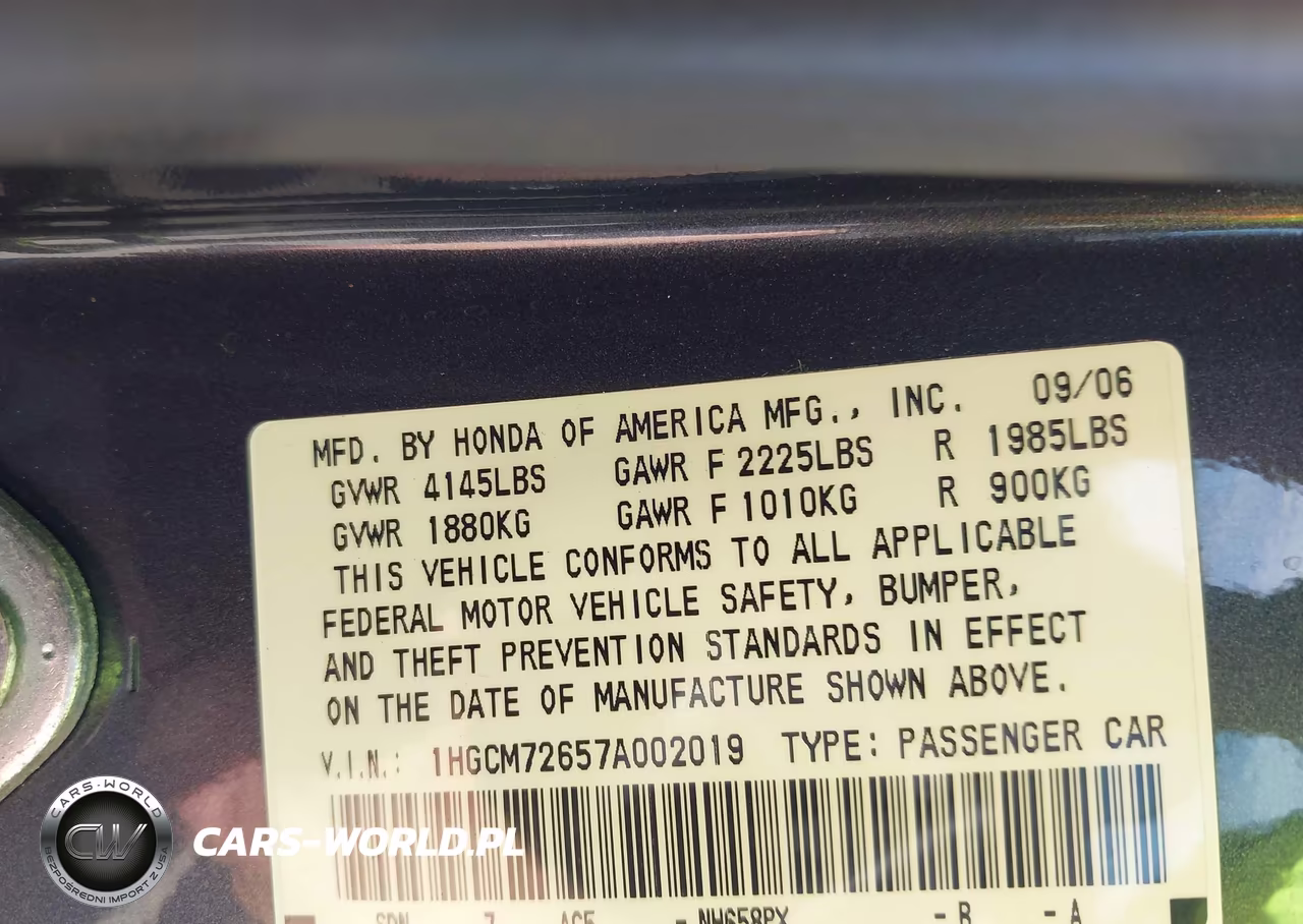 2007 Honda Accord 2.4 Ex VIN:1HGCM72657A002019 - 9