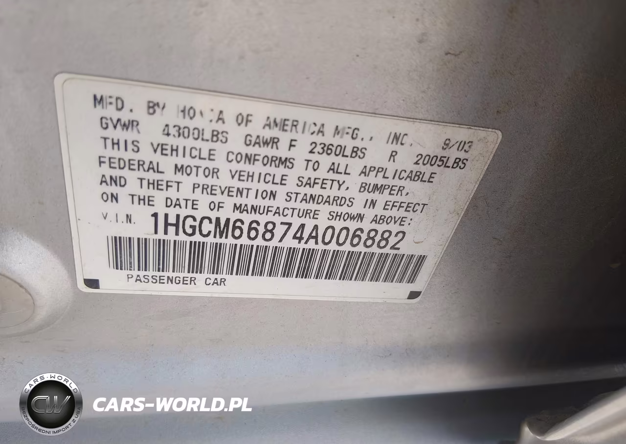 2004 Honda Accord 3.0 Ex VIN:1HGCM66874A006882 - 9
