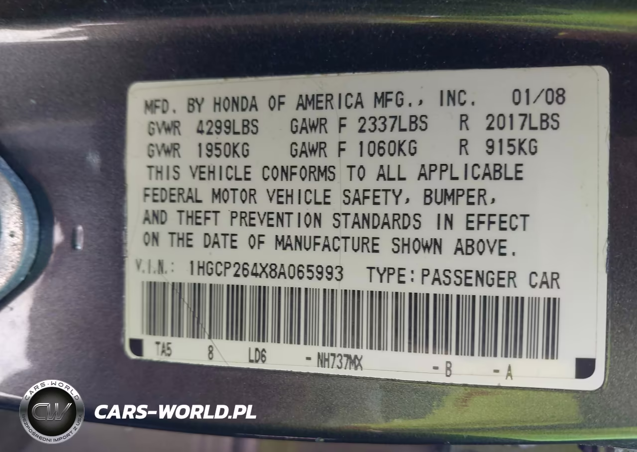 2008 Honda Accord 2.4 Lx-P VIN:1HGCP264X8A065993 - 9