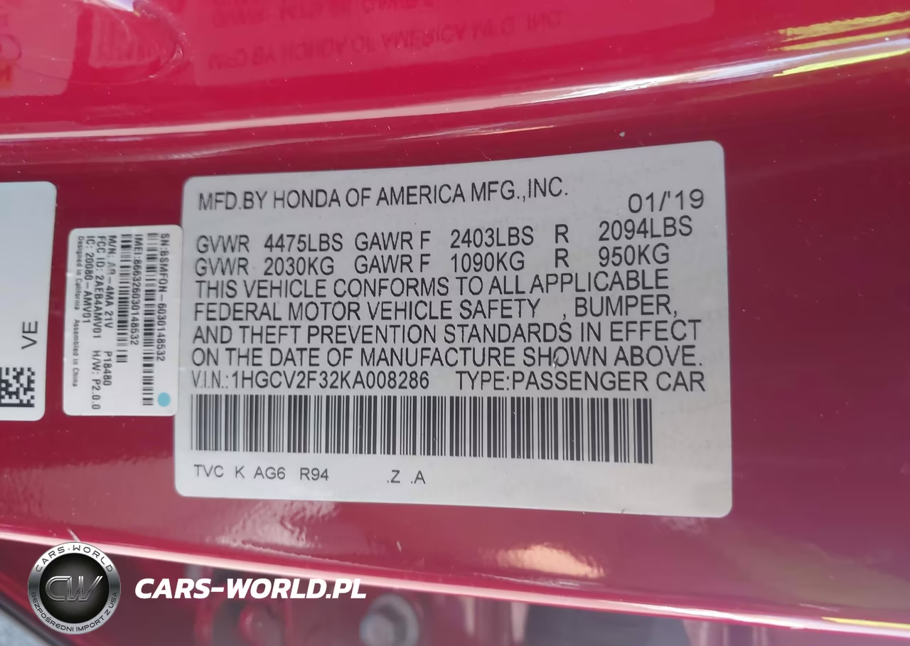 2019 Honda Accord Sport 2.0T VIN:1HGCV2F32KA008286 - 9