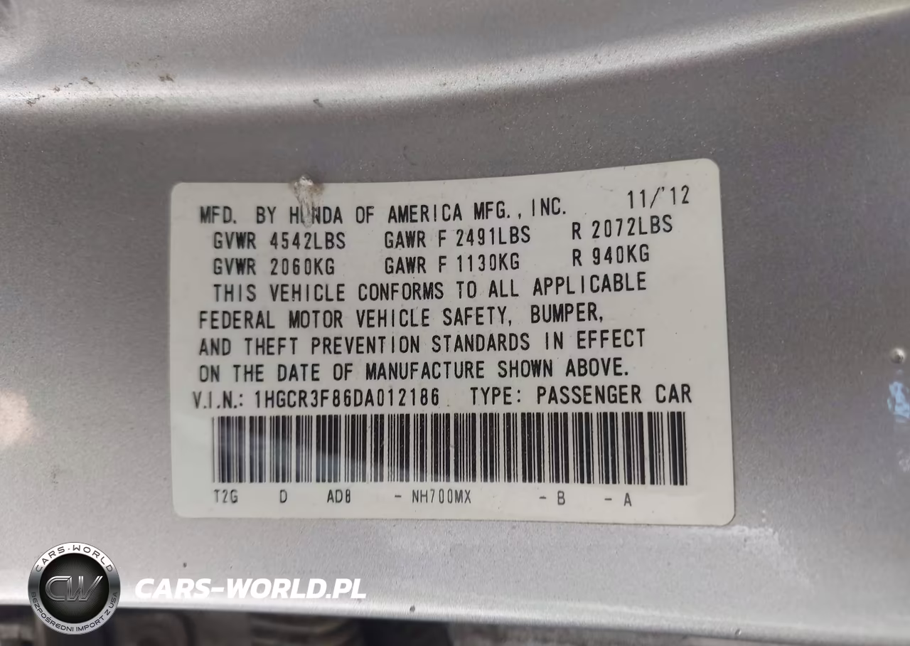 2013 Honda Accord Ex-L V-6 VIN:1HGCR3F86DA012186 - 9