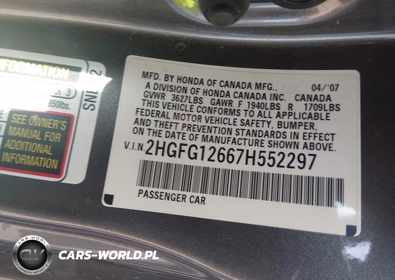 2007 Honda Civic Lx VIN:2HGFG12667H552297 - 9