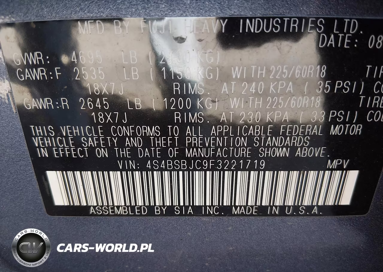 2015 Subaru Outback 2.5I Limited VIN:4S4BSBJC9F3221719 - 9
