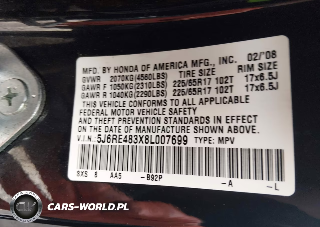 2008 Honda Cr-V Lx VIN:5J6RE483X8L007699 - 9