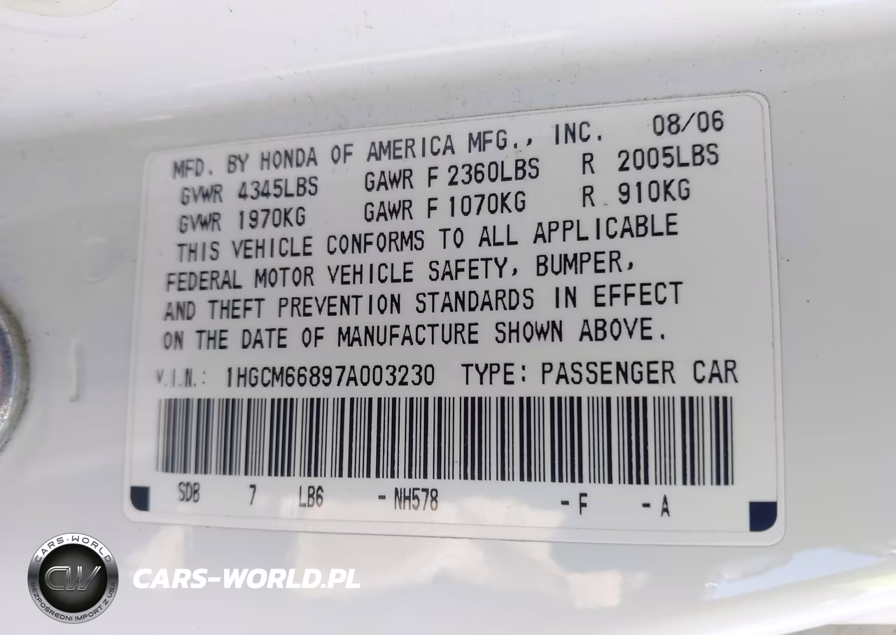 2007 Honda Accord 3.0 Ex VIN:1HGCM66897A003230 - 9