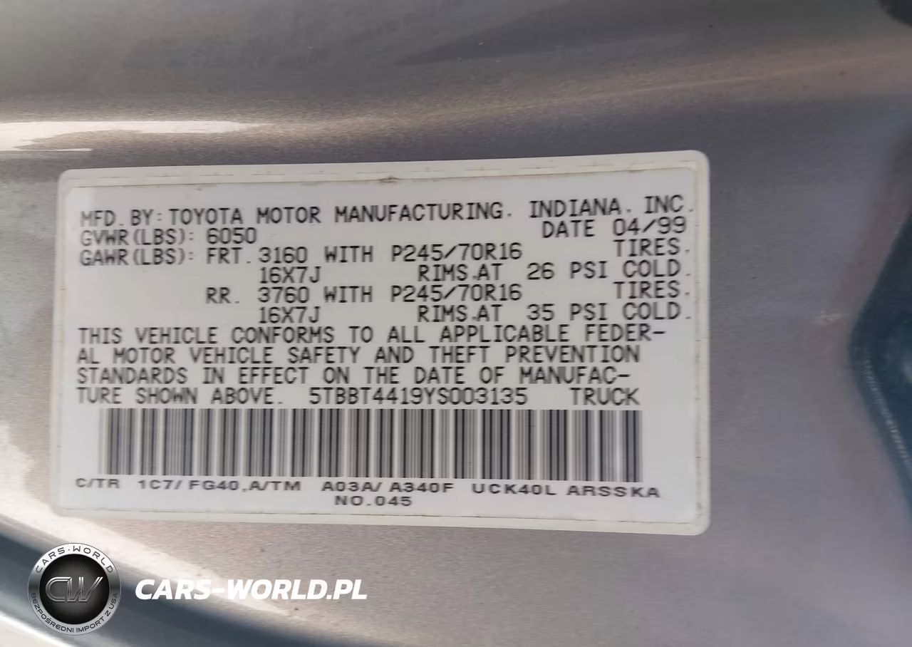 2000 Toyota Tundra Sr5 V8 VIN:5TBBT4419YS003135 - 9