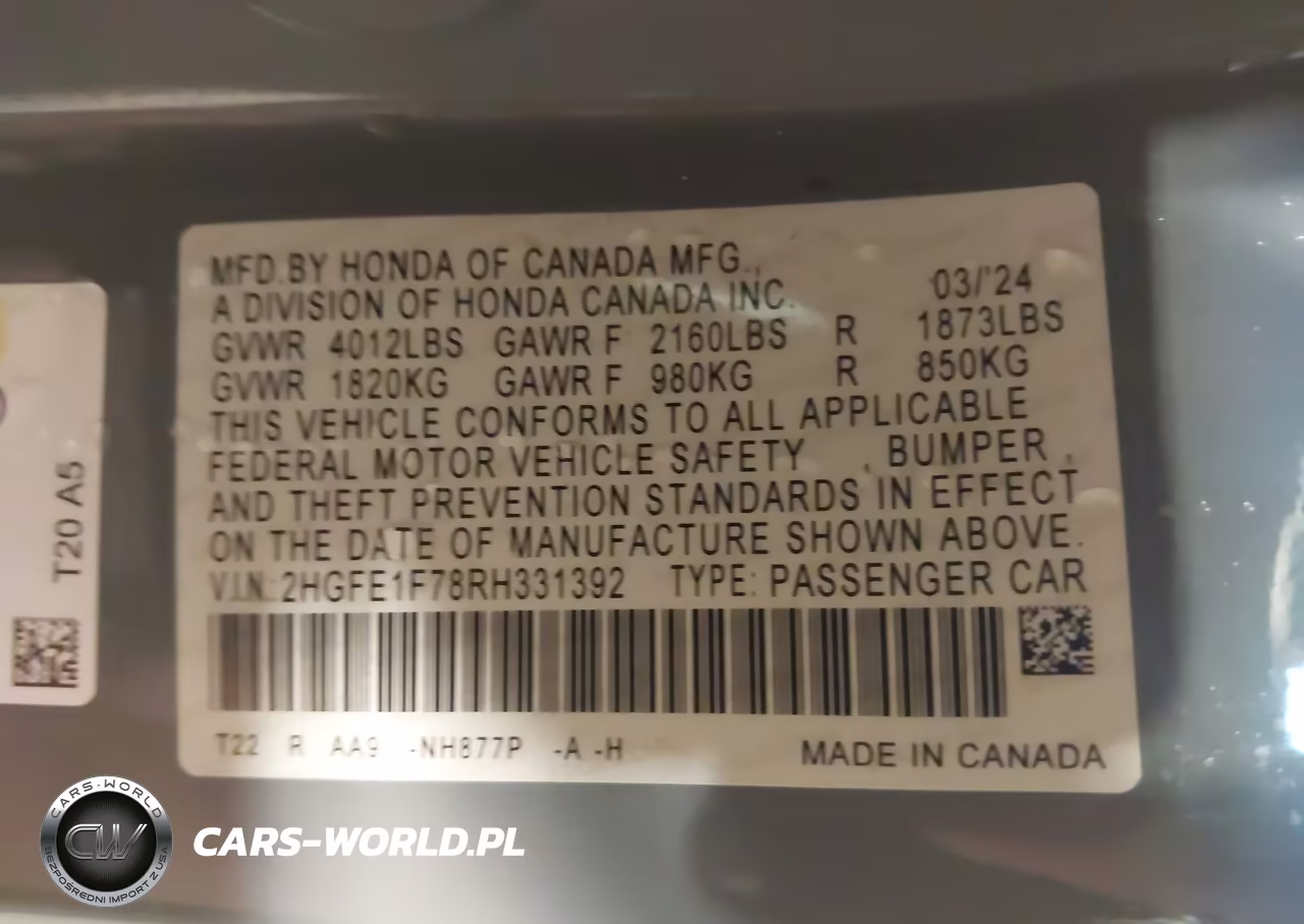 2024 Honda Civic Ex VIN:2HGFE1F78RH331392 - 9