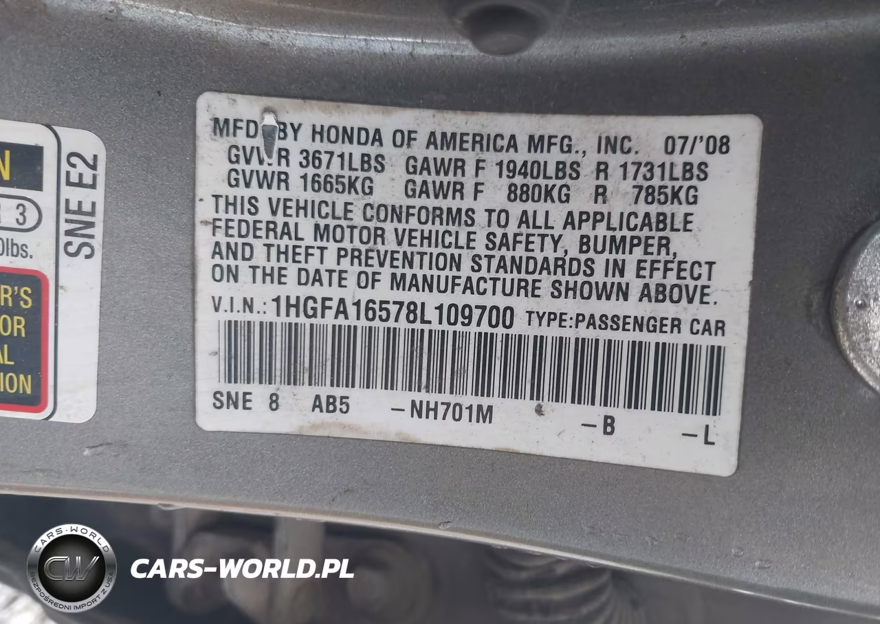 2008 Honda Civic Lx VIN:1HGFA16578L109700 - 9