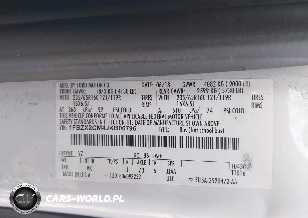 2018 Ford Transit-350 Xl VIN:1FBZX2CM4JKB06796 - 9