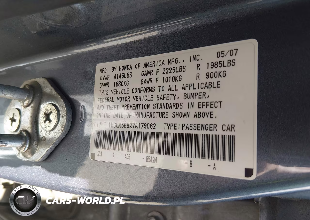 2007 Honda Accord 2.4 Ex VIN:1HGCM56827A179062 - 9