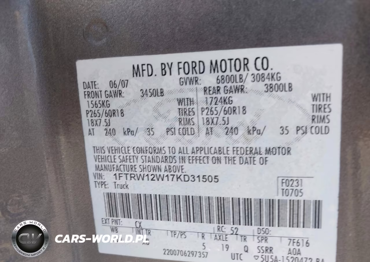 2007 Ford F-150 Xlt VIN:1FTRW12W17KD31505 - 9