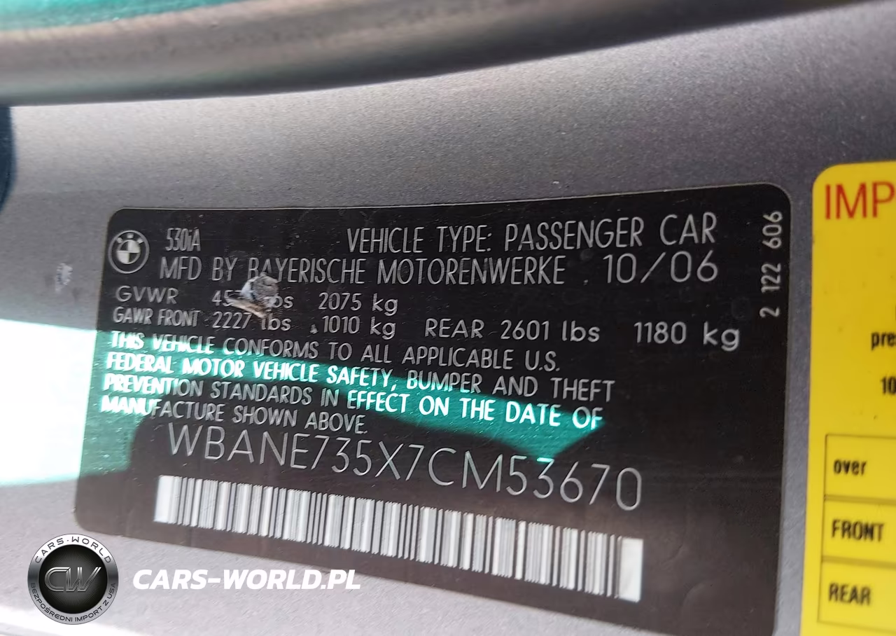 2007 BMW 530I VIN:WBANE735X7CM53670 - 9
