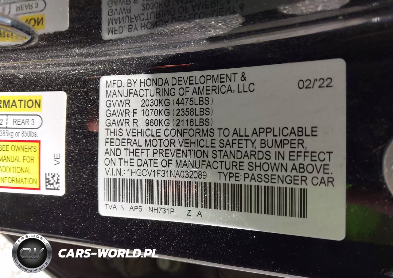 2022 Honda Accord Sport VIN:1HGCV1F31NA032089 - 9