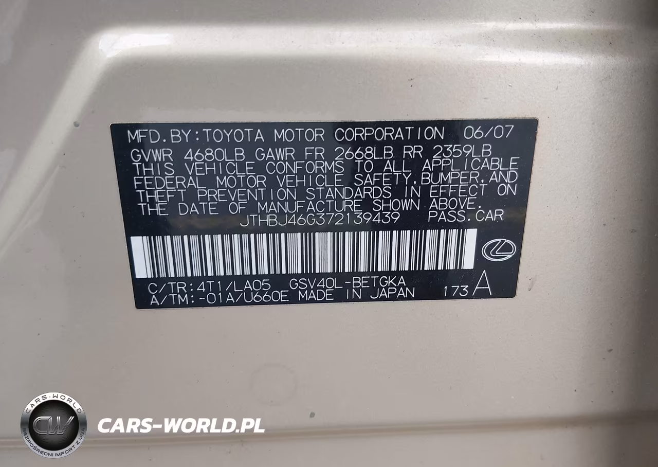 2007 Lexus Es 350 VIN:JTHBJ46G372139439 - 9