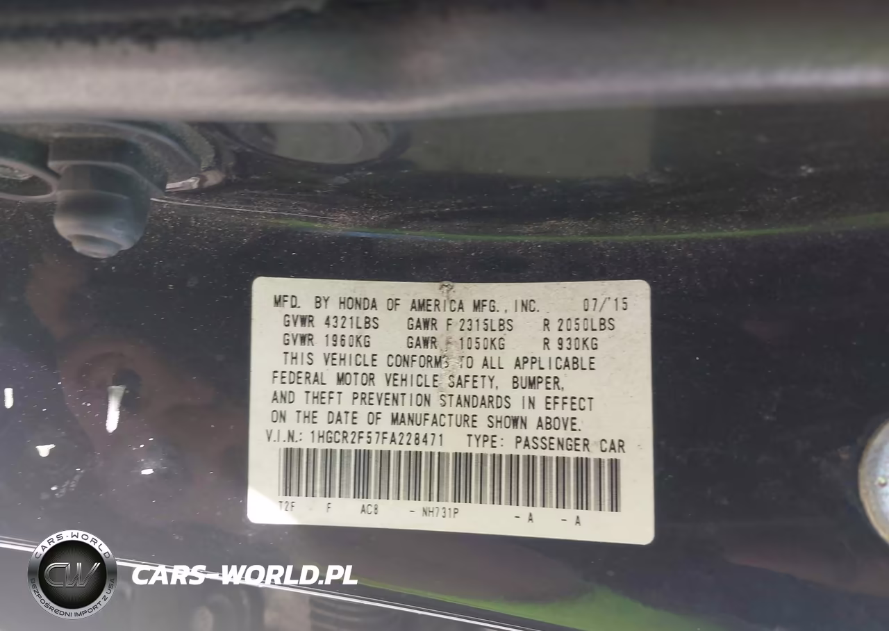 2015 Honda Accord Sport VIN:1HGCR2F57FA228471 - 9