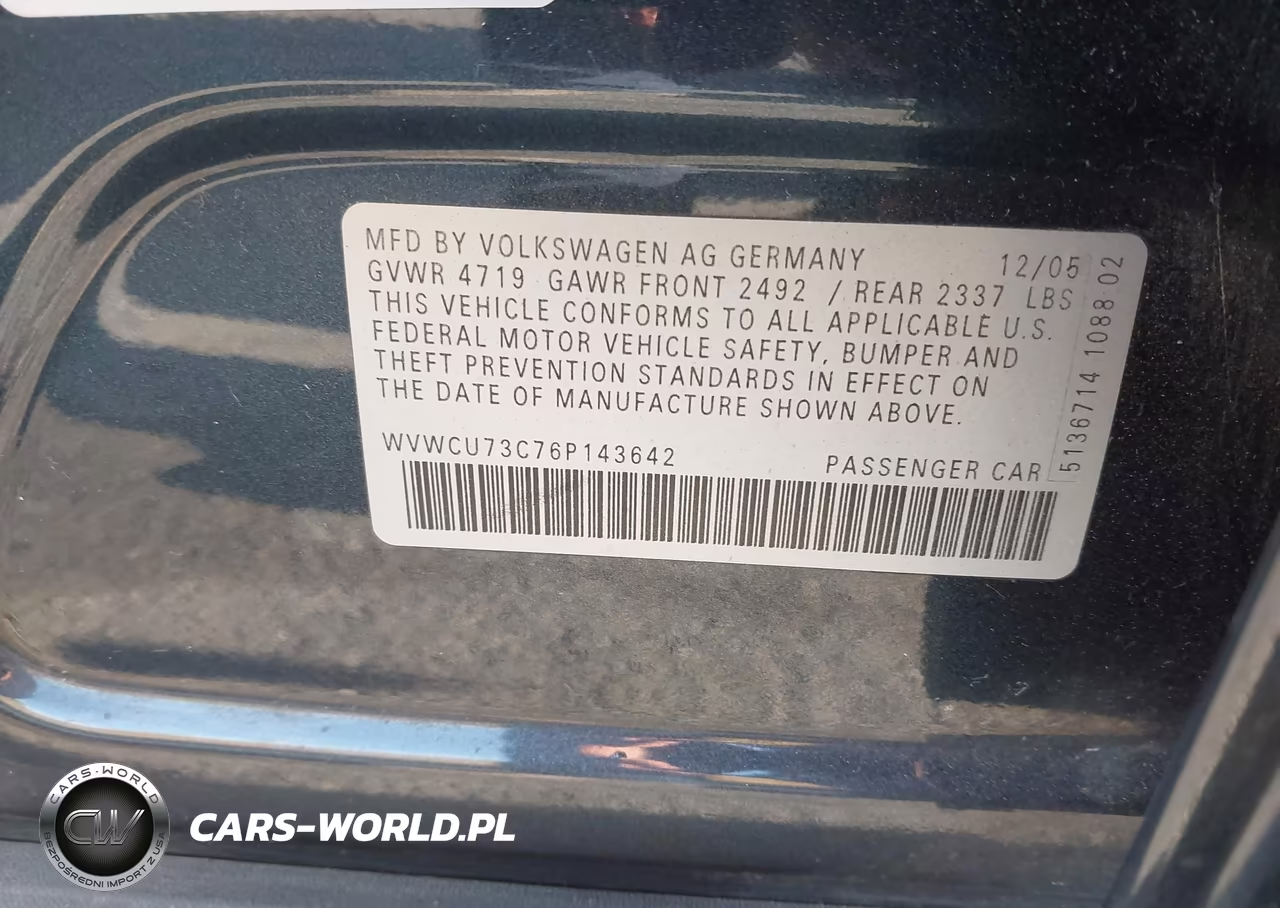 2006 Volkswagen Passat 3.6 VIN:WVWCU73C76P143642 - 9