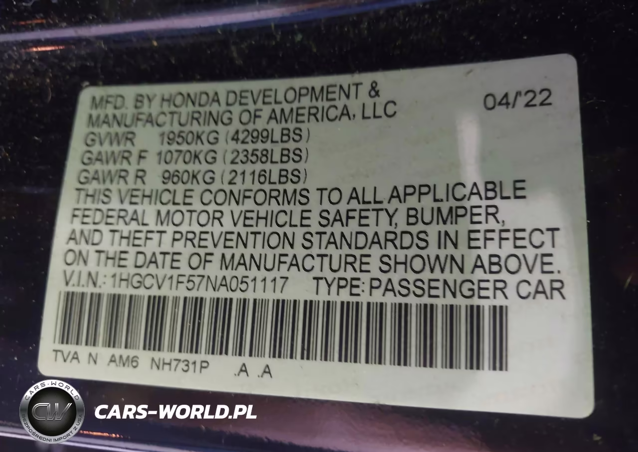 2022 Honda Accord Ex-L VIN:1HGCV1F57NA051117 - 9