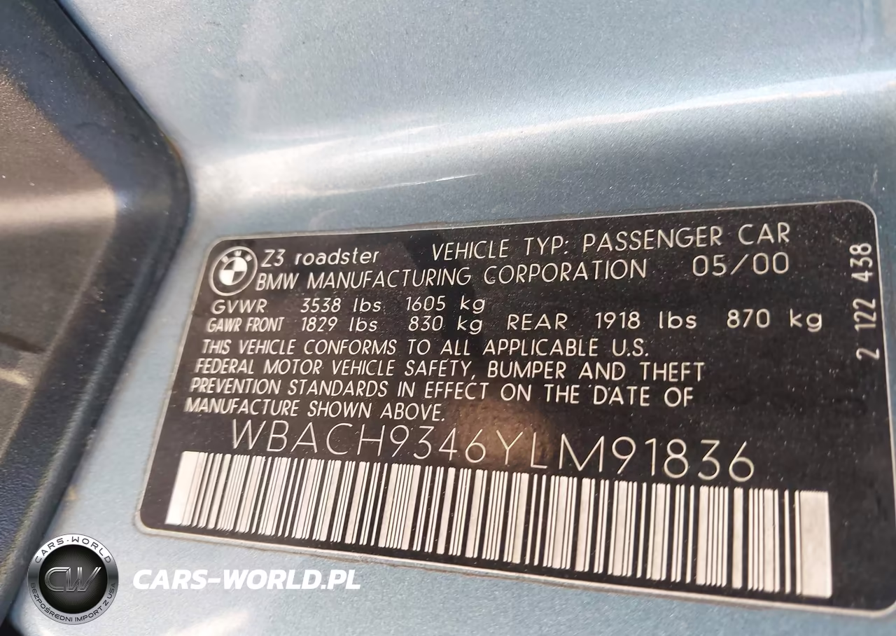 2000 BMW Z3 2.3 VIN:WBACH9346YLM91836 - 9