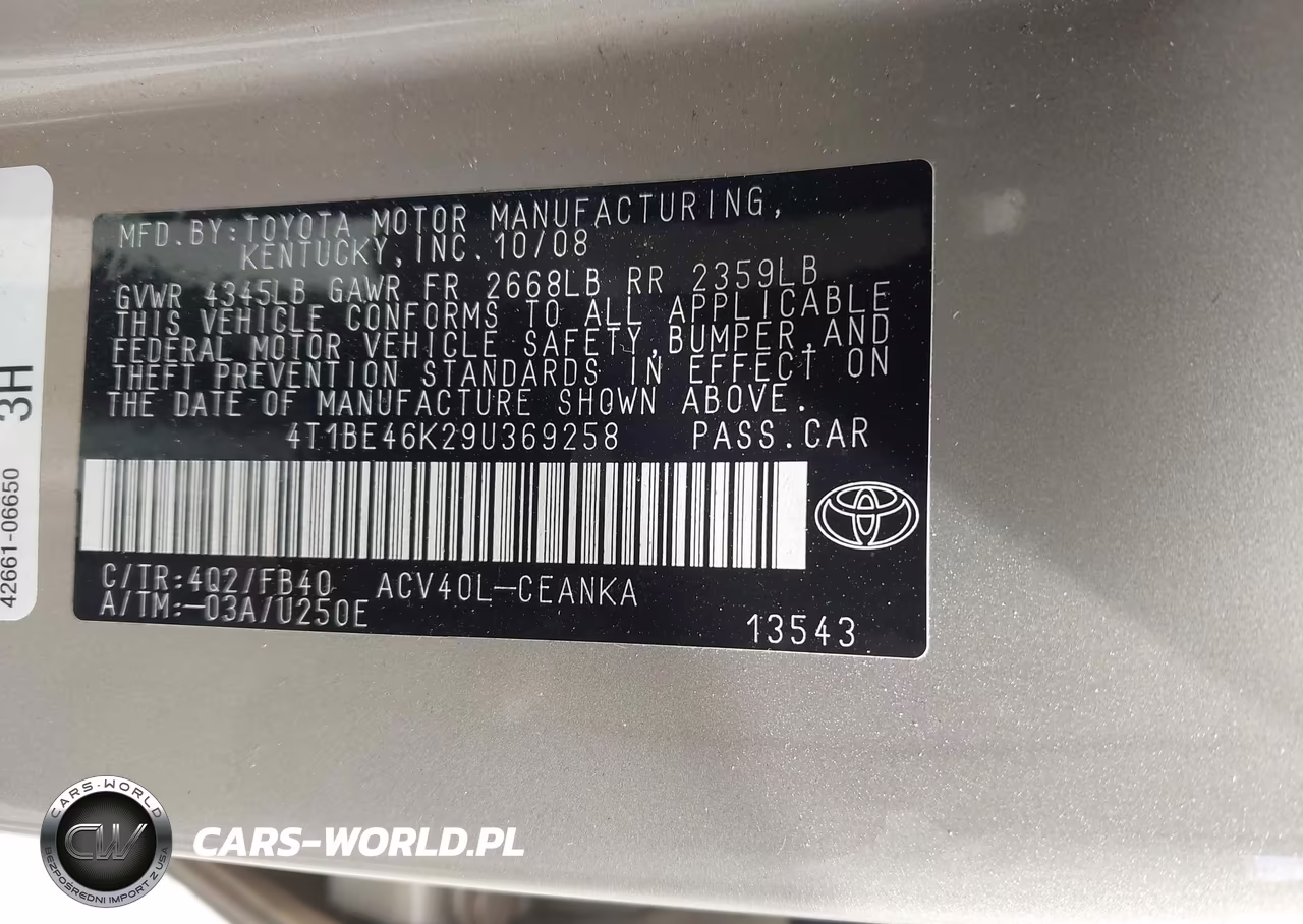 2009 Toyota Camry VIN:4T1BE46K29U369258 - 9