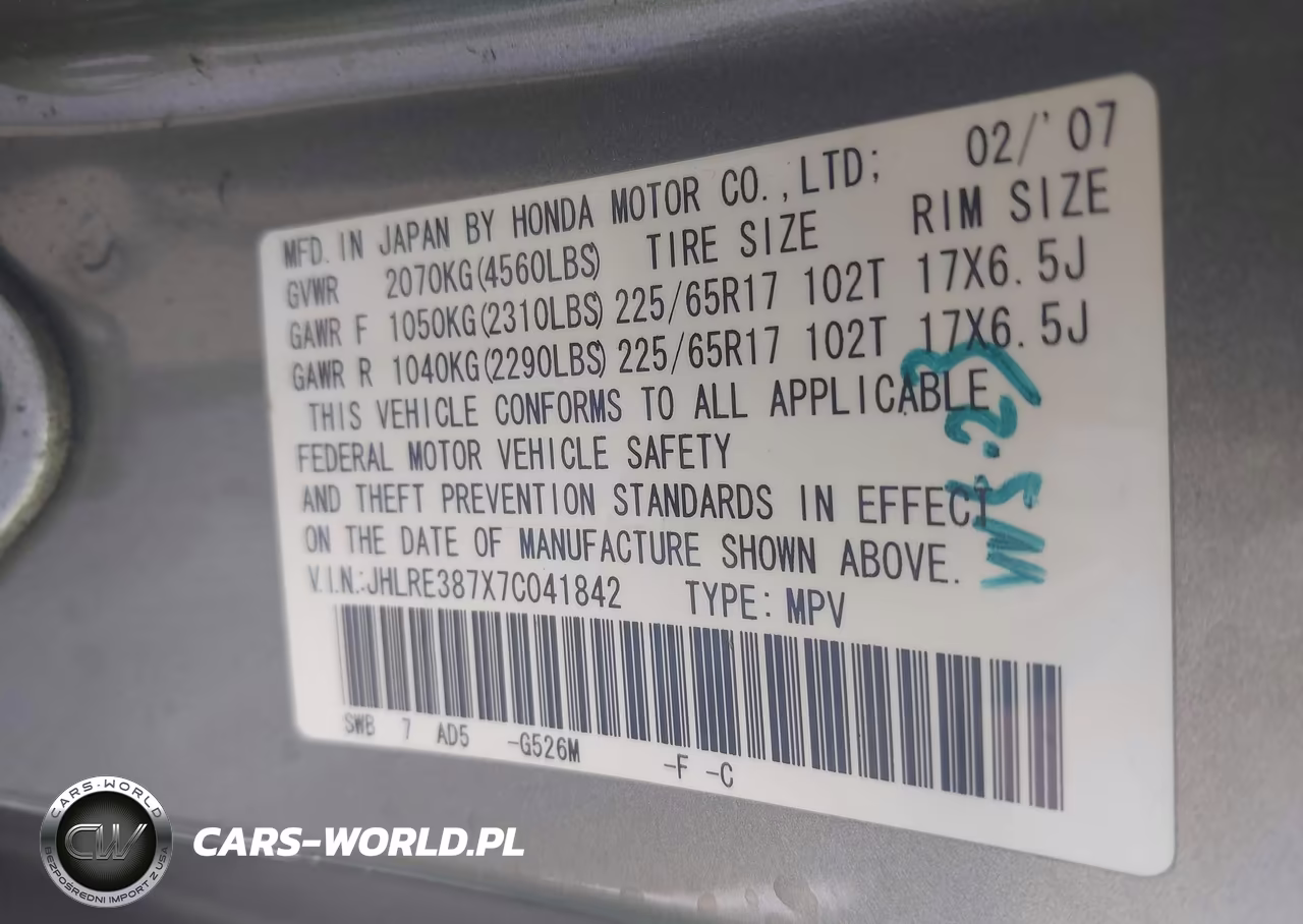 2007 Honda Cr-V Ex-L VIN:JHLRE387X7C041842 - 9