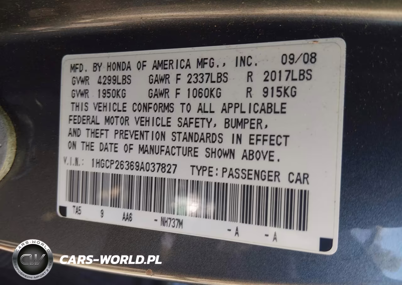 2009 Honda Accord 2.4 Lx VIN:1HGCP26369A037827 - 9