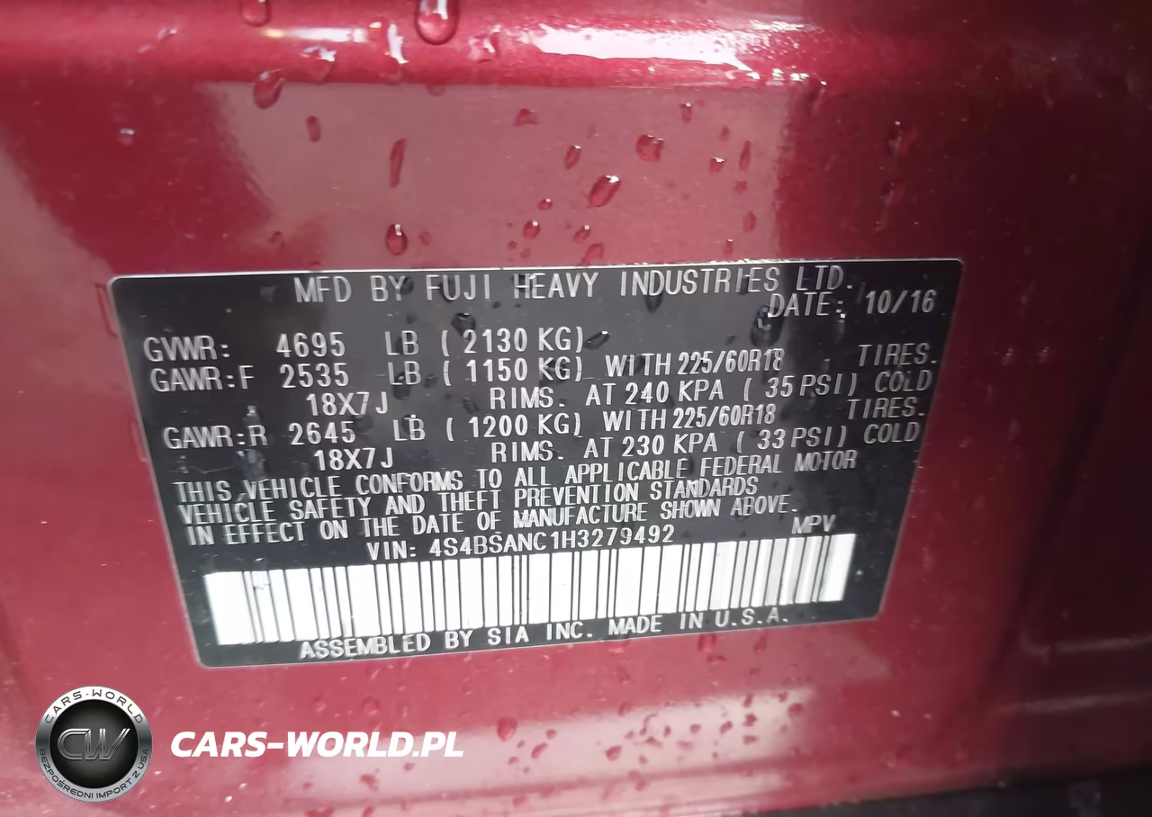 2017 Subaru Outback 2.5I Limited VIN:4S4BSANC1H3279492 - 9