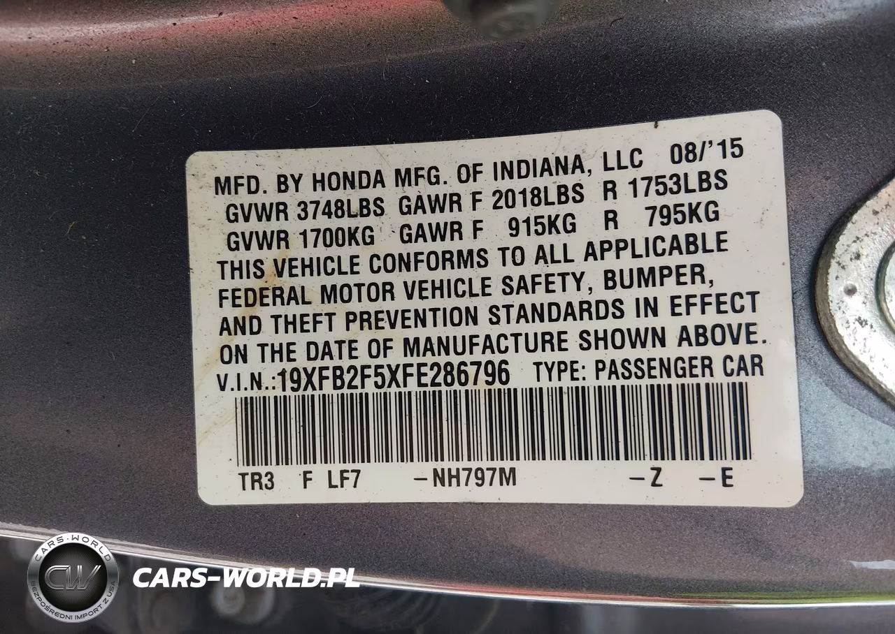 2015 Honda Civic Lx VIN:19XFB2F5XFE286796 - 9