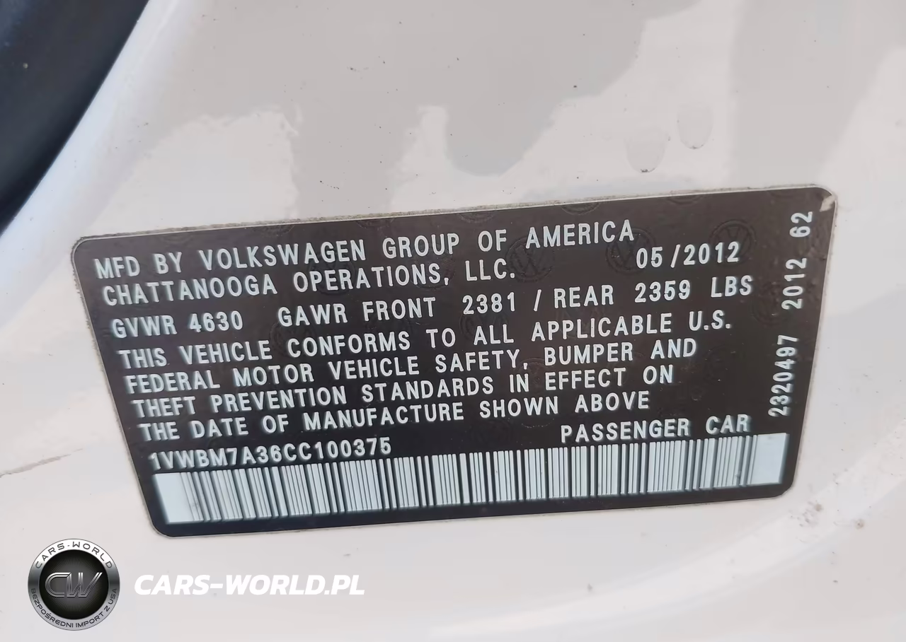 2012 Volkswagen Passat 3.6L V6 Se VIN:1VWBM7A36CC100375 - 9