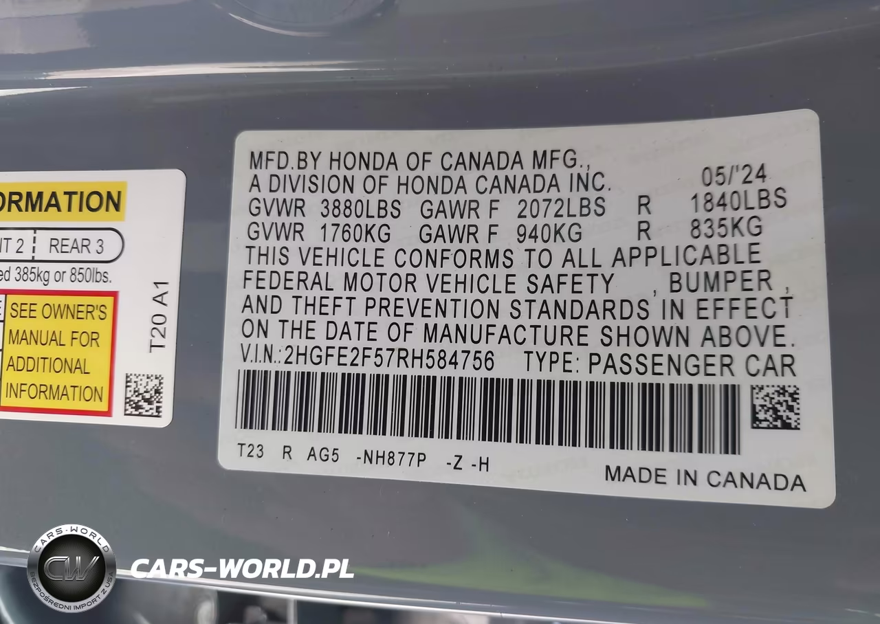 2024 Honda Civic Sport VIN:2HGFE2F57RH584756 - 9