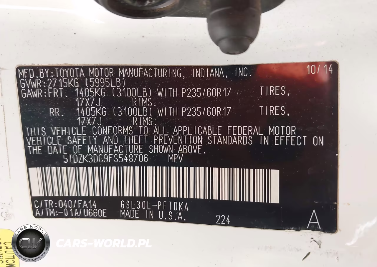 2015 Toyota Sienna L 7 Passenger VIN:5TDZK3DC9FS548706 - 9