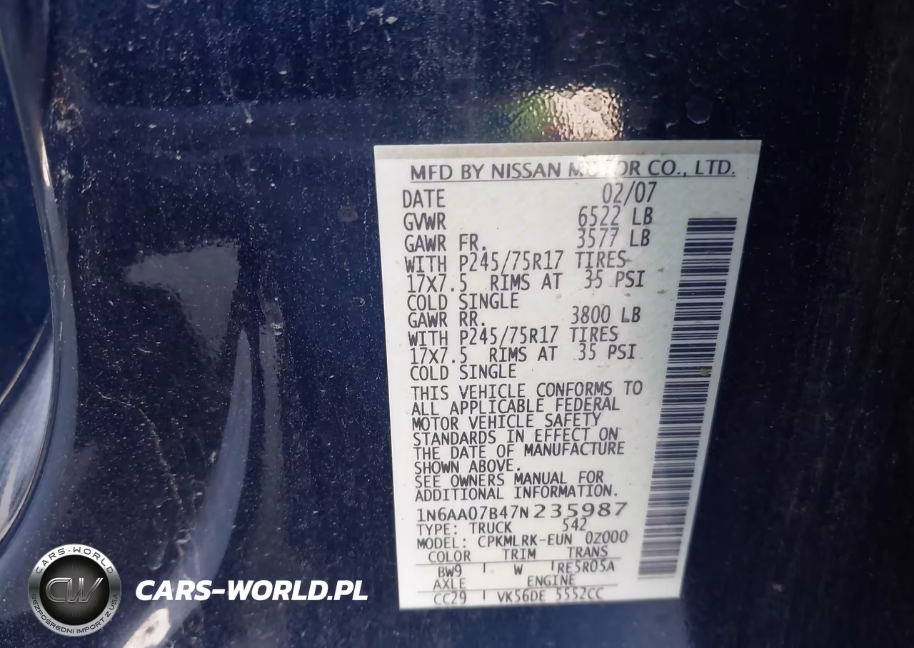 2007 Nissan Titan Xe VIN:1N6AA07B47N235987 - 9