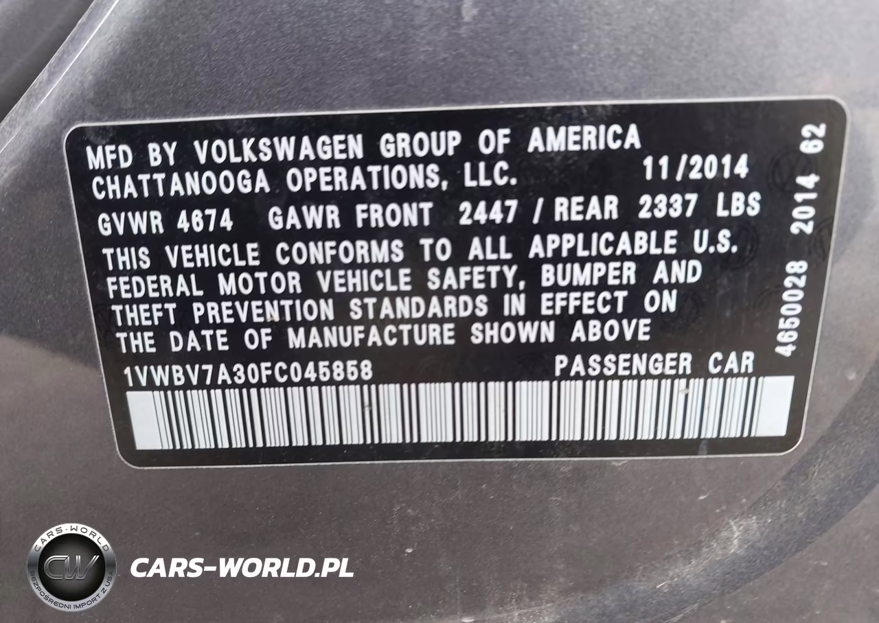 2015 Volkswagen Passat 2.0L Tdi Se VIN:1VWBV7A30FC045858 - 9
