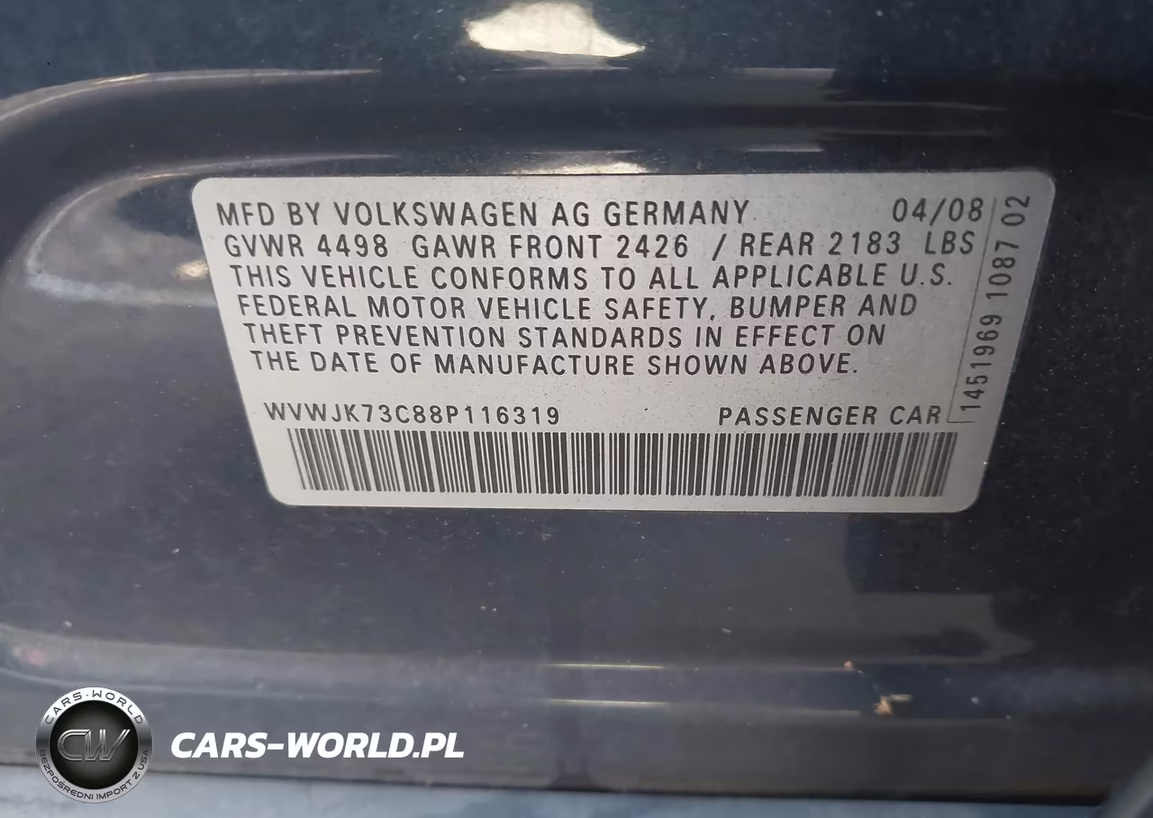 2008 Volkswagen Passat Turbo VIN:WVWJK73C88P116319 - 9