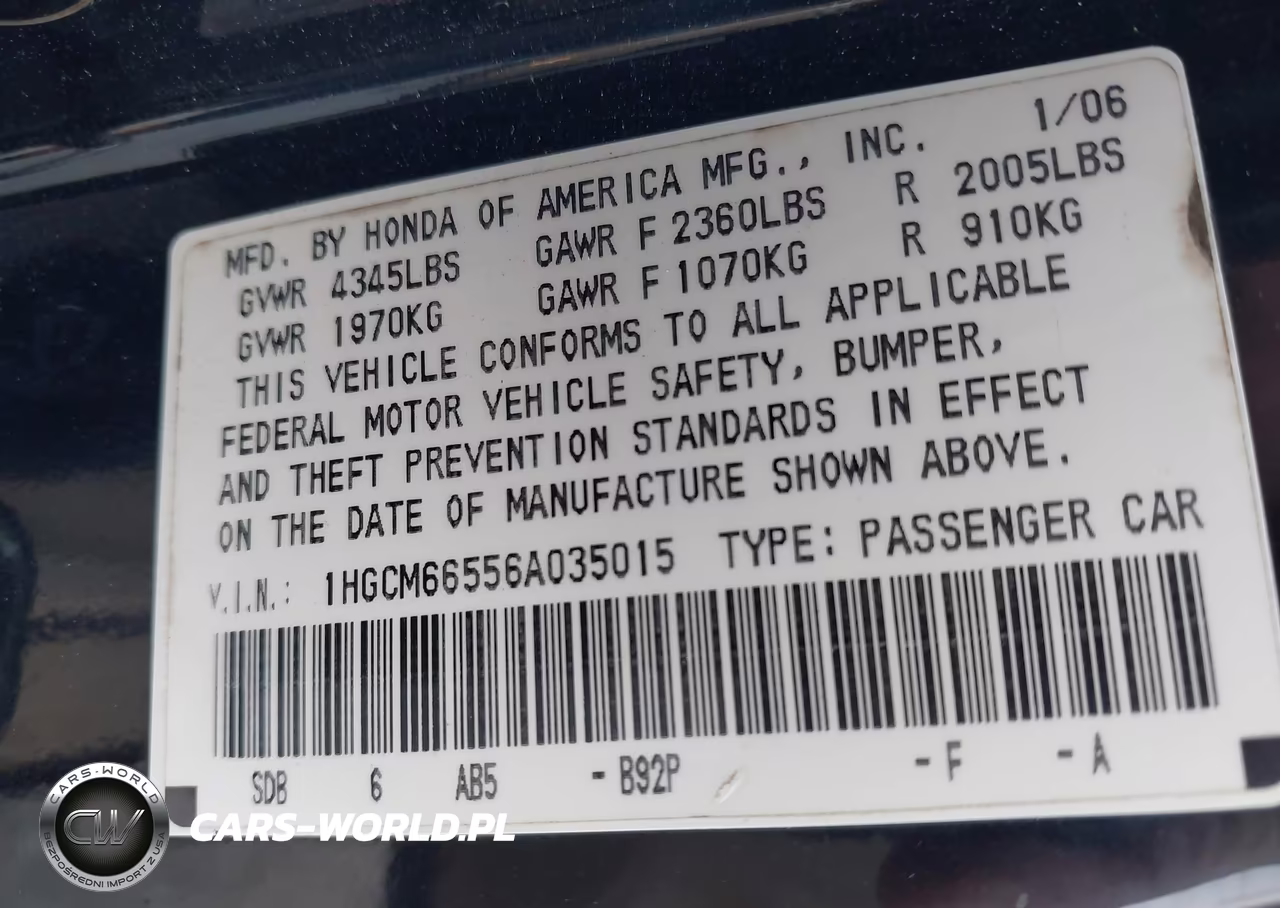2006 Honda Accord 3.0 Ex VIN:1HGCM66556A035015 - 9