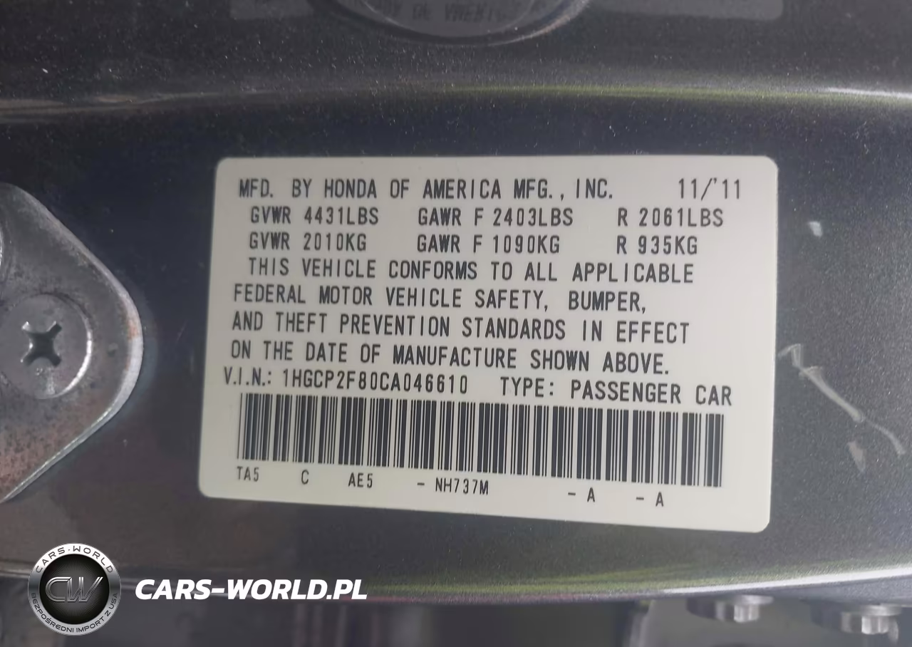 2012 Honda Accord Exl VIN:1HGCP2F80CA046610 - 9