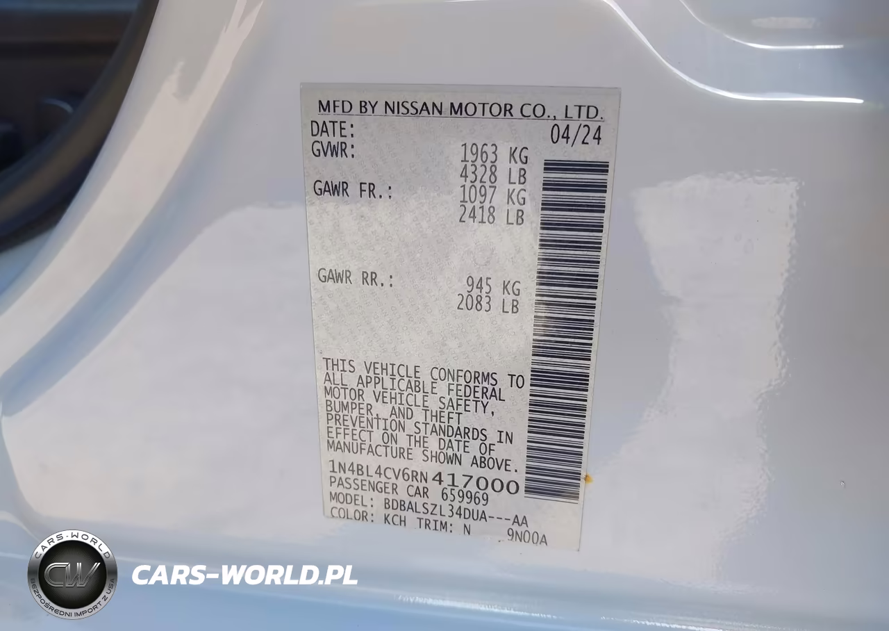 2024 Nissan Altima Sr Fwd VIN:1N4BL4CV6RN417000 - 9