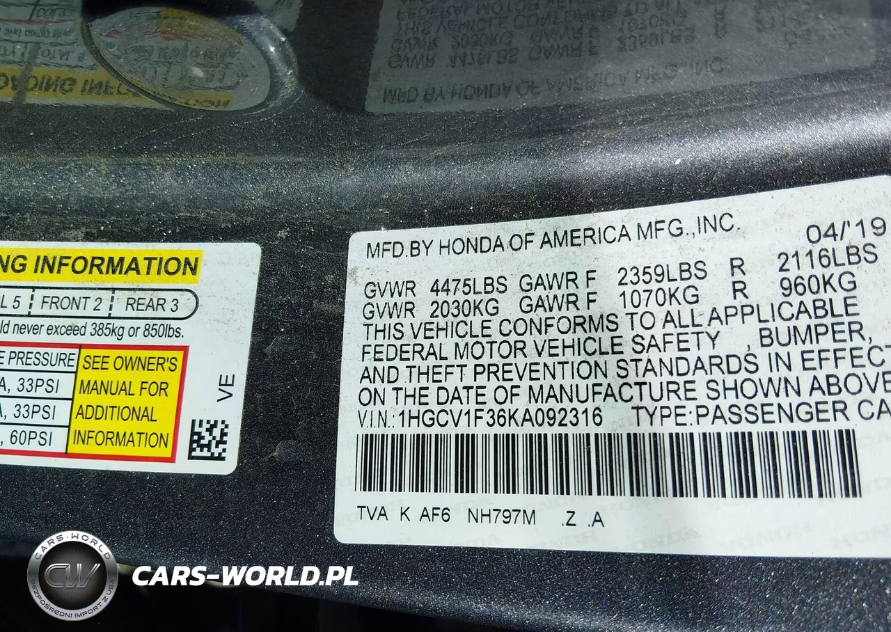 2019 Honda Accord Sport VIN:1HGCV1F36KA092316 - 9