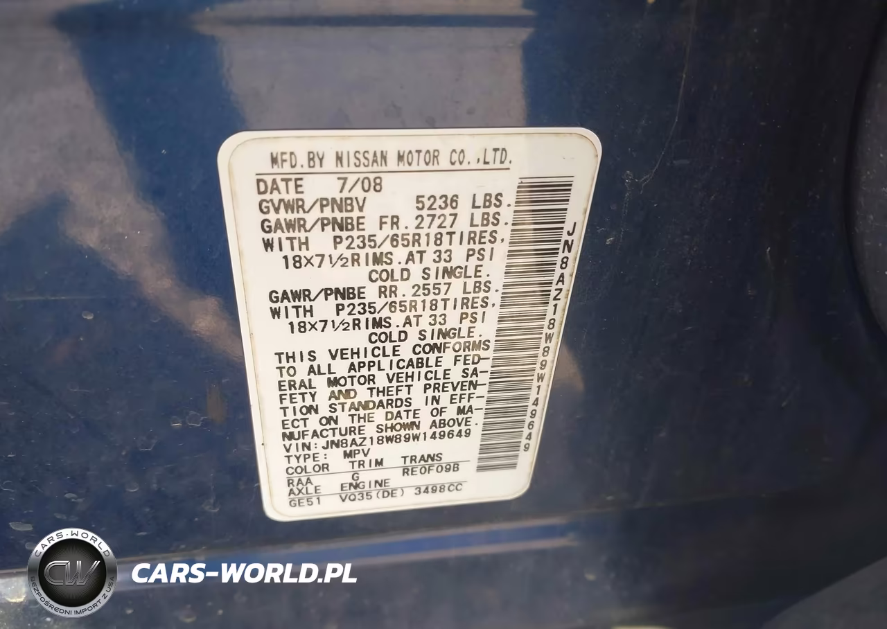 2009 Nissan Murano Sl VIN:JN8AZ18W89W149649 - 9